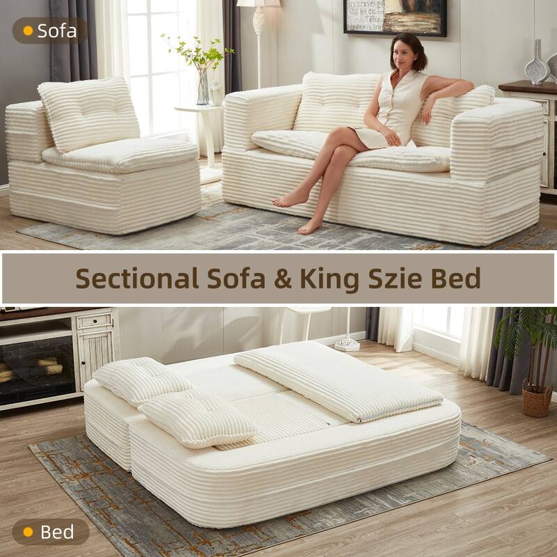 Convertible Floor Sofa Bed with Chaise Lounge, Corduroy 3-in-1 Sofa, Sofa to Bed with Dual-Purpose Blanket, No Assembly Required