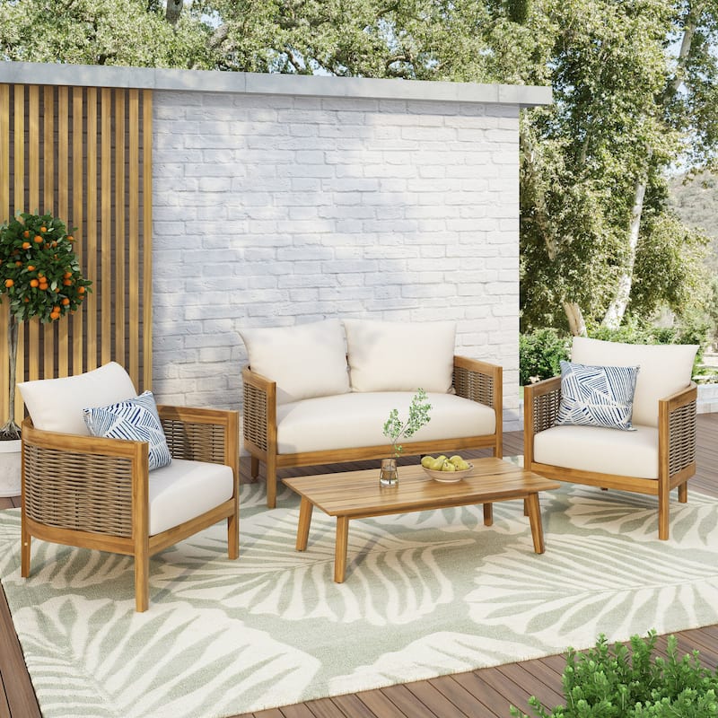 Burchett Outdoor Acacia Wood and Wicker 4 Seater Chat Set with Cushions by Christopher Knight Home - Polyester Beige Cushion