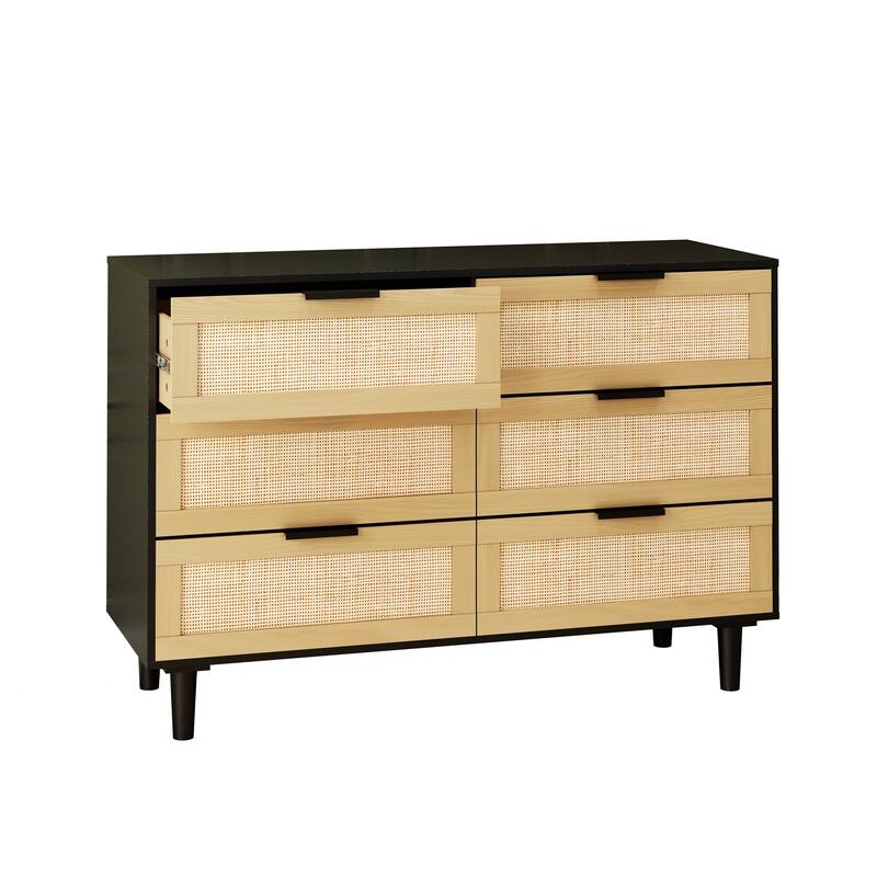 6 Drawers Rattan Dresser Rattan Drawer, Bedroom,Living Room - Black