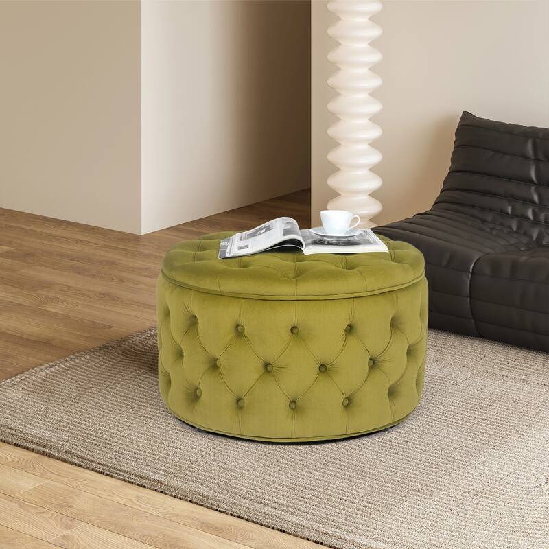 Adeco Round Storage Ottoman Button Tufted Footrest Stool Bench