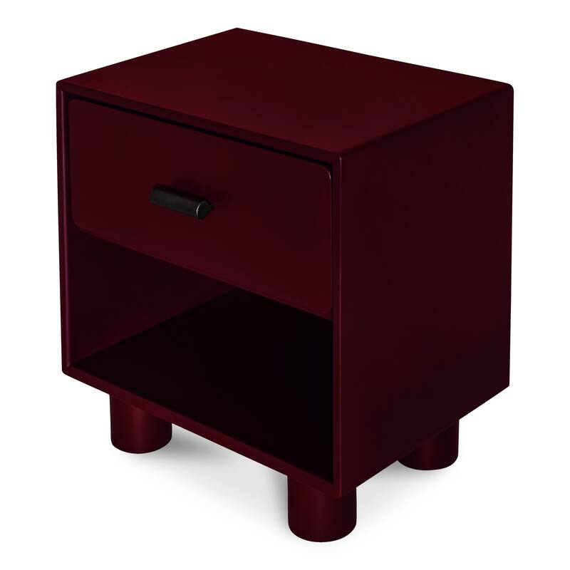 NADAAL STUDIOS Saryn Nightstand, 1-Drawer, Playful Legs with Open Shelf Rubberwood Frame, Deep Red