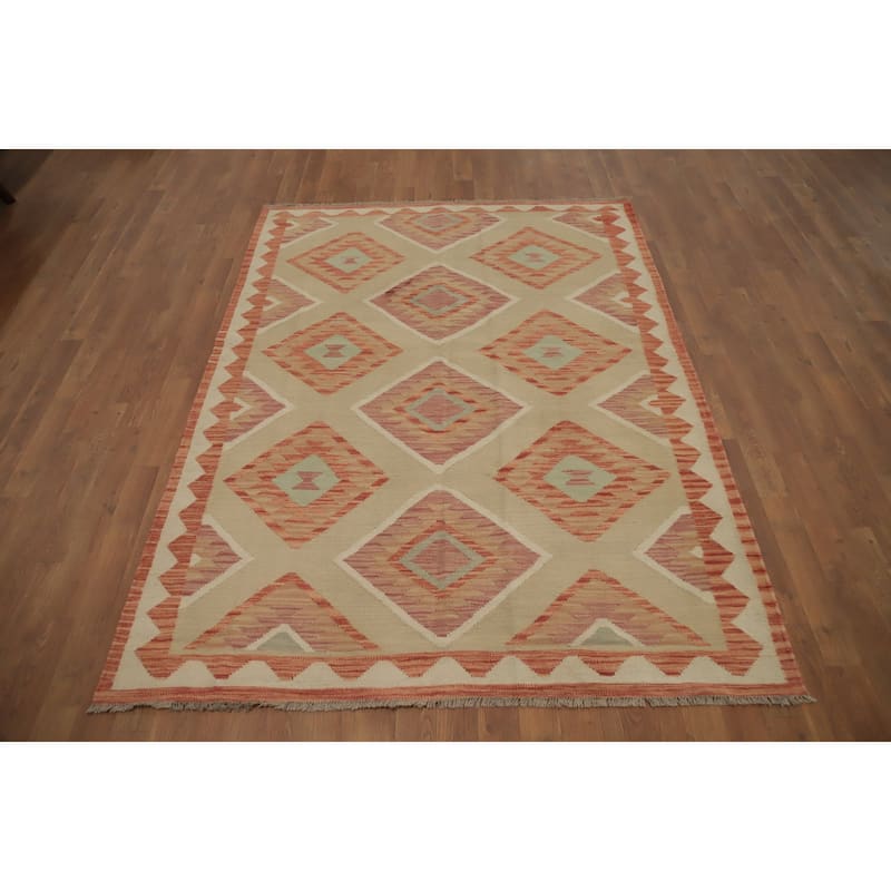 Hand Woven Oriental 100% Wool Carpet Southwestern Tribal Beige & Ivories Kilim Area Rug - 6' 7'' X 4' 11''