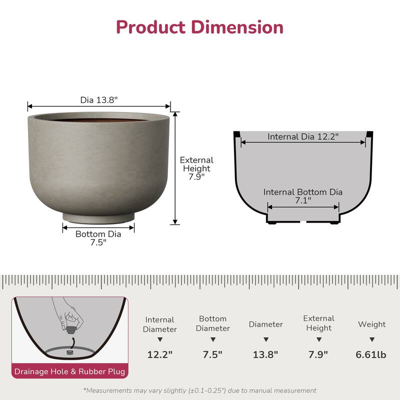 Concrete Bowl Planter Plant Pot with Drainage Hole