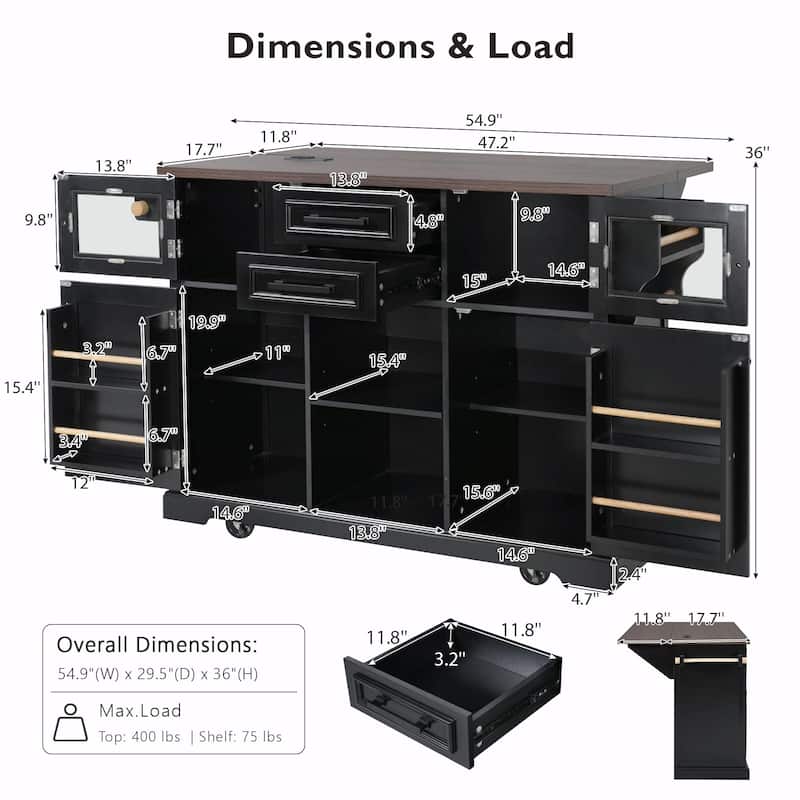 54.9" Kitchen Island with Drop Leaf, Power Outlet, Kitchen Storage Cart