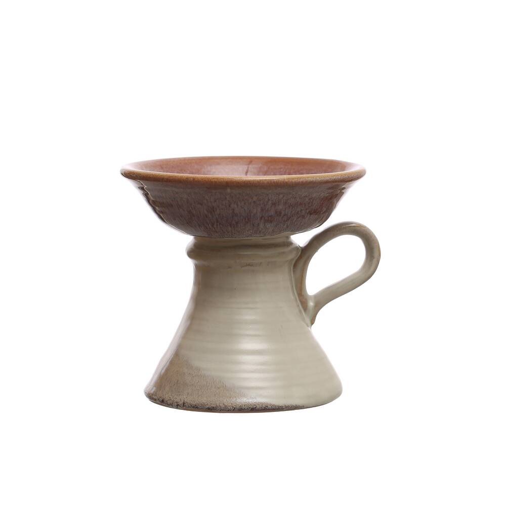 Stoneware Pillar Candle Holder with Handle and Reactive Glaze