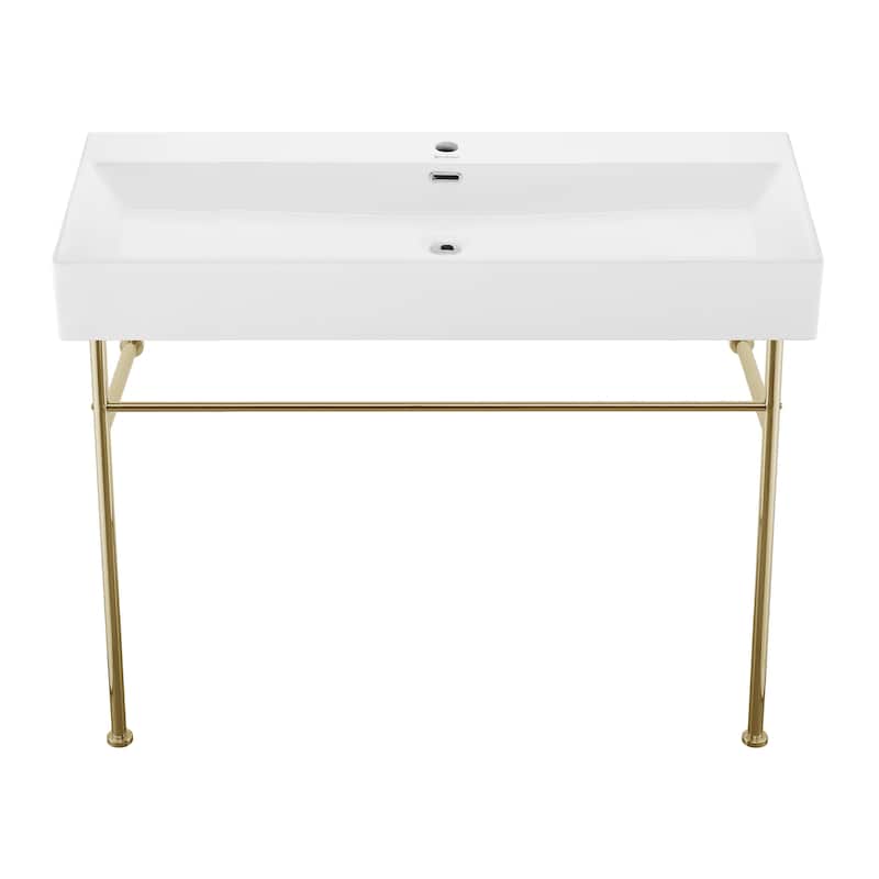 Reims 40 Ceramic Console Sink White Basin Gold Legs - 39.35" x 16.55" 35.45"