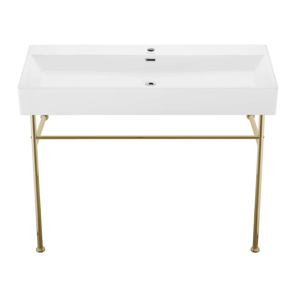 Reims 40 Ceramic Console Sink White Basin Gold Legs - 39.35" x 16.55" 35.45"