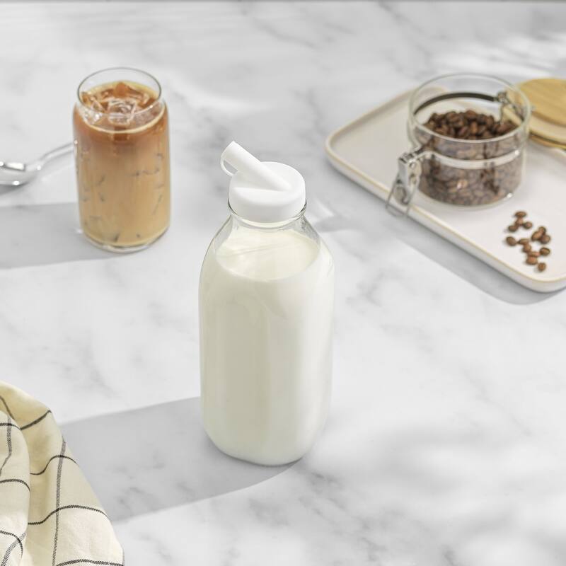JoyJolt Reusable Glass Milk Bottle with Lid & Pourer - Set of 3