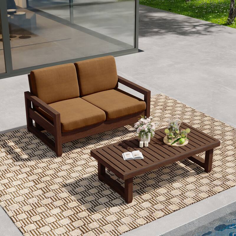 Outdoor Patio Loveseat Table Set Teak Wood with Cushion