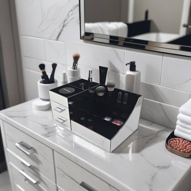 OnDisplay Cindy Tiered 2 Drawer Mirrored Acrylic Makeup/Jewelry Organizer for Bathroom Vanity/Desktop