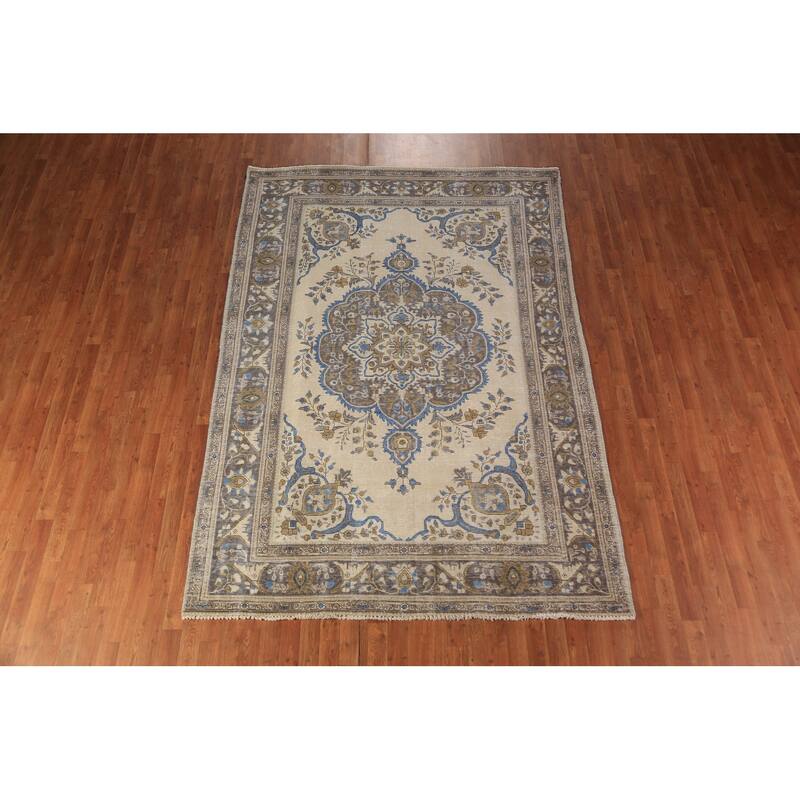 Tabriz Persian Rug Hand-Knotted Traditional Beige Wool Carpet - 6'5"x 9'4"