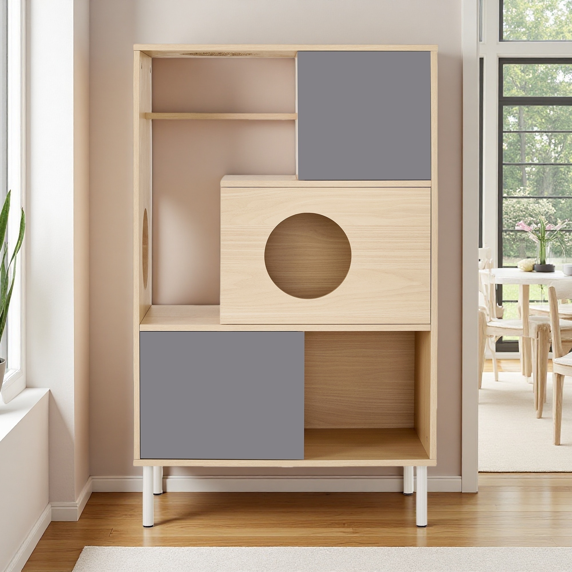 44.5"H Cat Tree & Side Cabinet, Litter Box Enclosure, Wood Storage, Hidden Storage