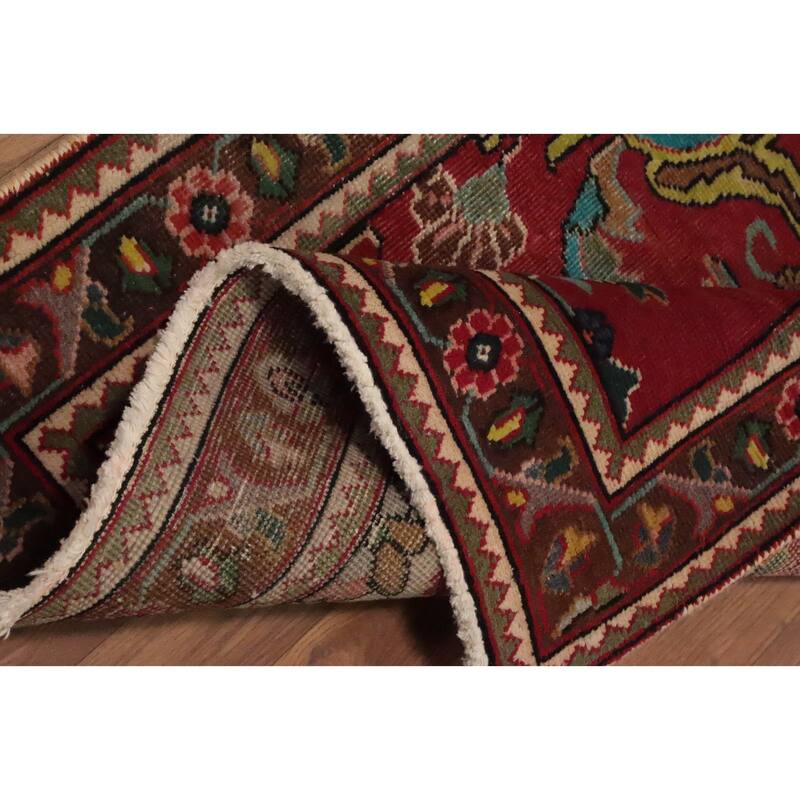 Hand Knotted Oriental 100% Wool Carpet Traditional Floral Red Tabriz Runner Rug - 13' 4'' X 2' 10''