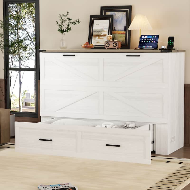 Wooden Foldable Murphy Cabinet Bed Platform Bed Bottom Large Storage Drawer Side with Outlets and USB Ports