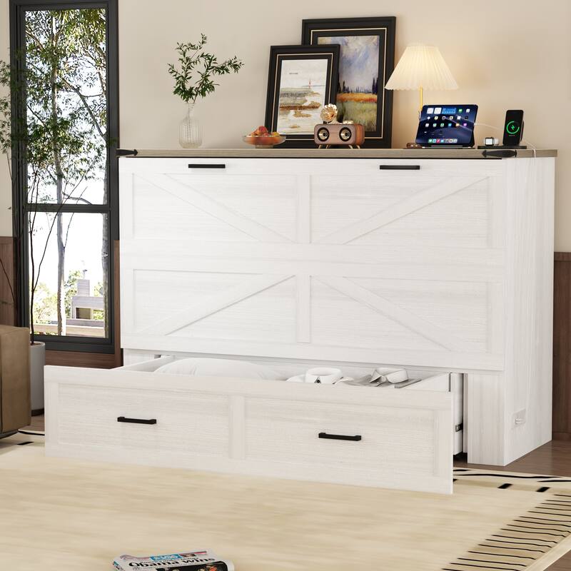 Queen Size Farmhouse Murphy Cabinet Bed with Charging Station, Foldable Platform Bed with Large Storage Drawer for Guest-Room
