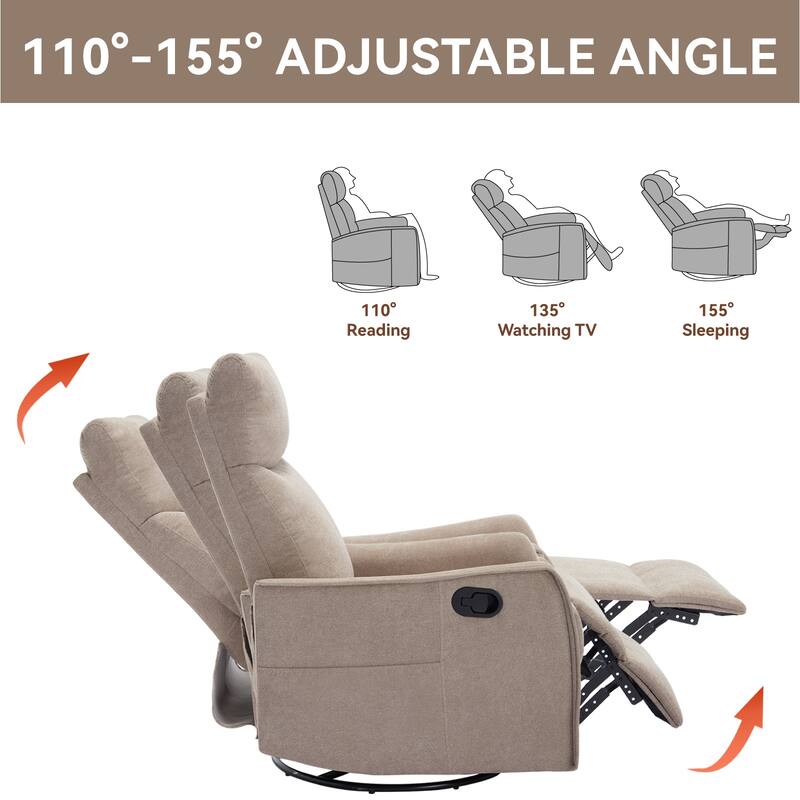 Roomfitters Swivel Rocker Recliner Chair, Manual Massage Glider Armchair with Heat & Vibration, Fabric Living Room Sofa