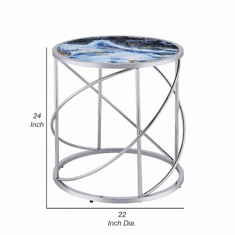 Shira Round Side End Table, 22 Inch, Open Chrome Base Blue Faux Marble
