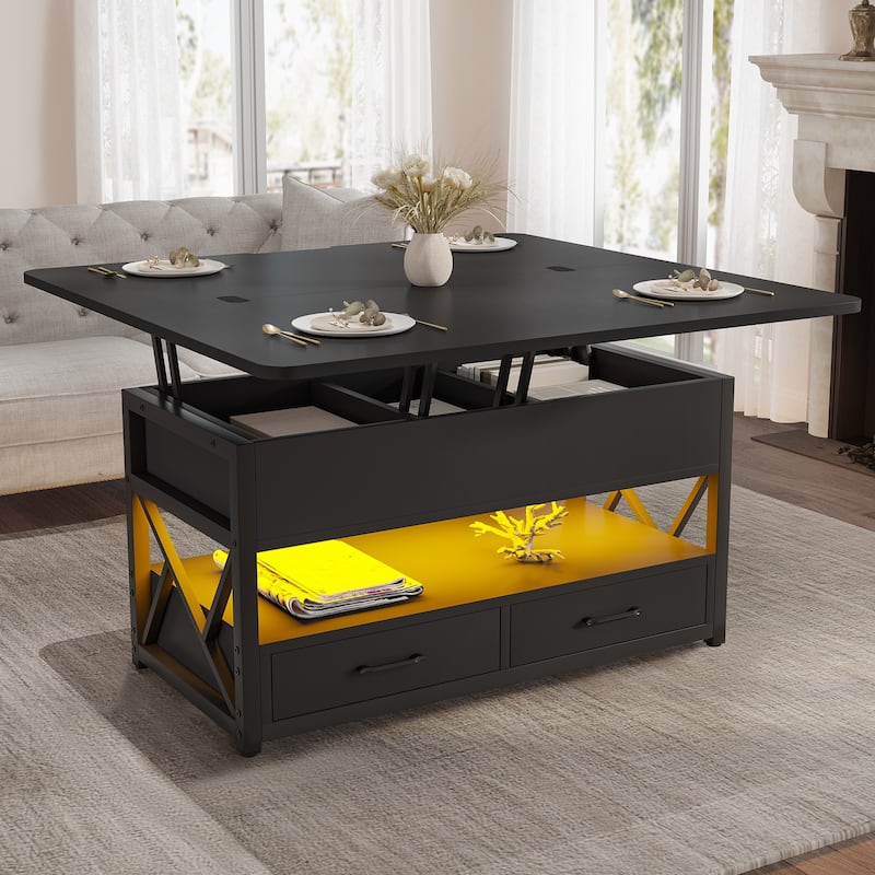 Coffee Table Lift Top 2 Drawers Hidden Compartment for Living Room - Coffee Table with 2 Drawers - Black
