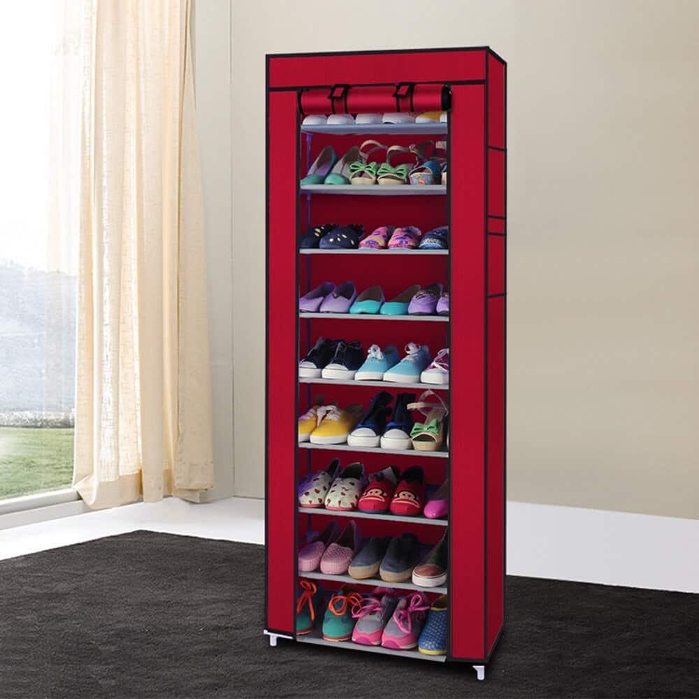 Fashionable Room-saving 9 Lattices Non-woven Fabric Shoe Rack Wine Red