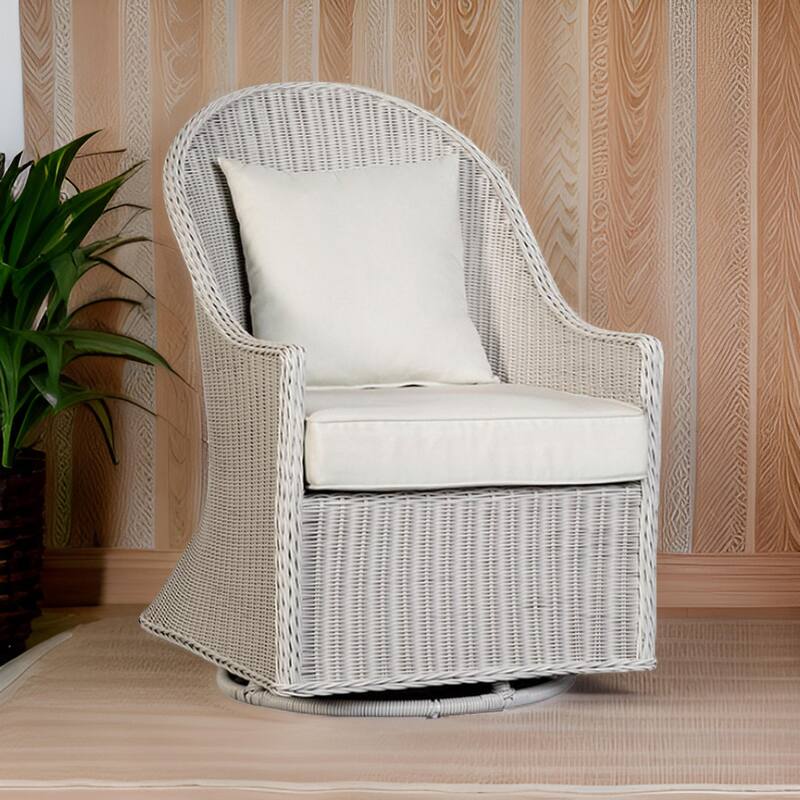 Tomo Outdoor Swivel Chair, Wingback Design, White Fabric, Wicker Rattan