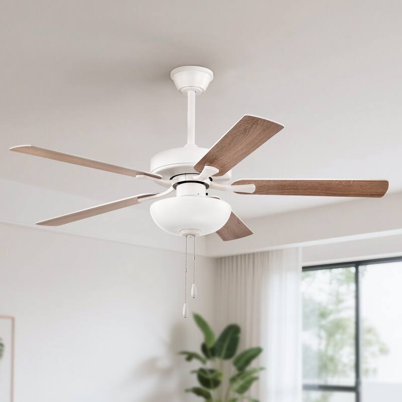 White 52 in. Indoor 5-Blade Modern Reversible Ceiling Fan with Light Kit and Pull Chain - 52 in. Dia x 16.7 in. or 21.7 in.