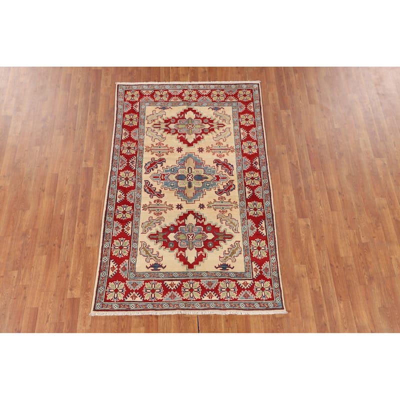 Kazak Oriental Area Rug Handmade Beige Geometric Wool Carpet - 4'0" x 6'5"