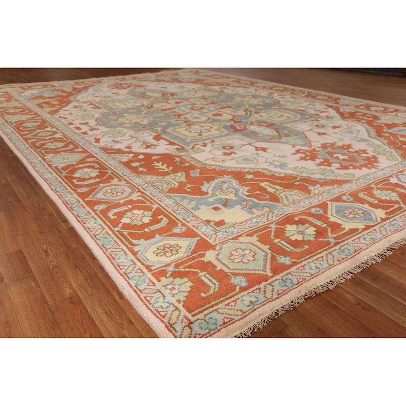 Geometric Heriz Serapi Indian Large Rug Hand-Knotted Pink Wool Carpet - 9'10" x 13'9" - 9'10" x 13'9" - Pink