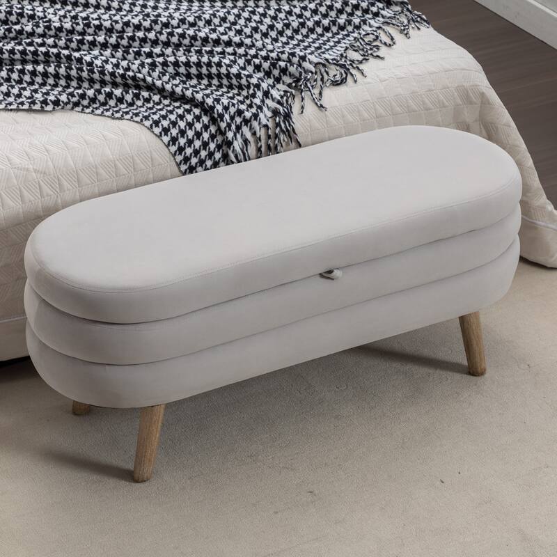 Velvet Fabric Storage Bench with Wood Legs - Light Grey
