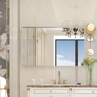 Rectangular Silver Rounded Corner Frame Vanity Mirror with Clear Glass