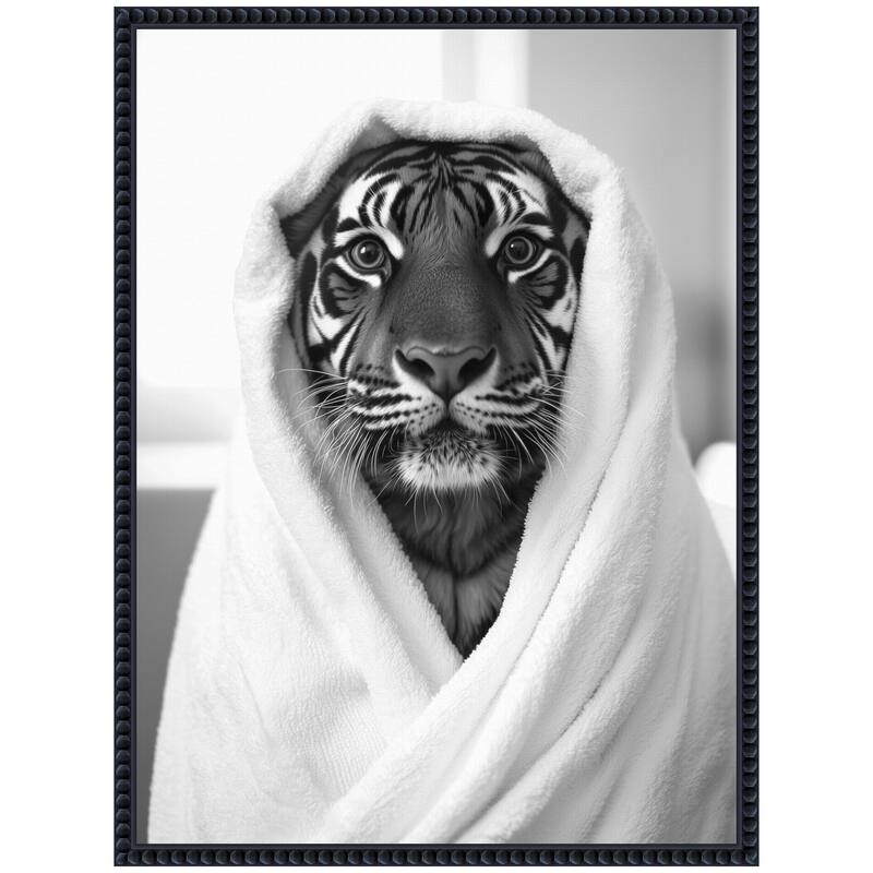 Kate and Laurel Sylvie Tiger Bathroom Art Towel Robe Black and White Framed Canvas by The Creative Bunch Studio