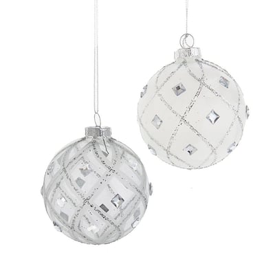 Kurt Adler 80MM Jeweled Clear Feather White Ball Ornaments, 6 Piece Set - N/A