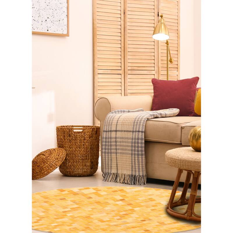 ECARPETGALLERY Handmade Cowhide Patchwork Orange Leather Rug - 5'1 x 5'1