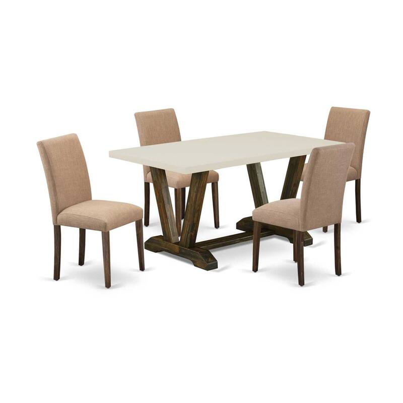 HomeStock 5-Pc Rectangle Distressed Jacobean Finish Solid Wood Top Dining Table with 4-Upholstered Chairs
