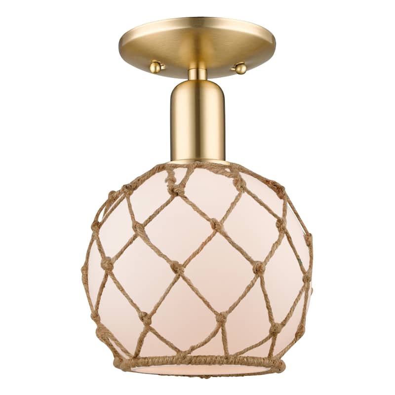 Innovations Lighting 716-1C-12-8 Farmhouse Rope Semi-Flush Farmhouse - Champagne Bronze / White Glass with White Rope