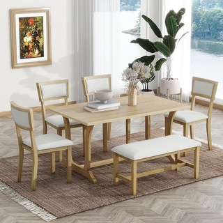 Rustic 6-Piece Trestle Dining Table Set with Upholstered Chairs and ...