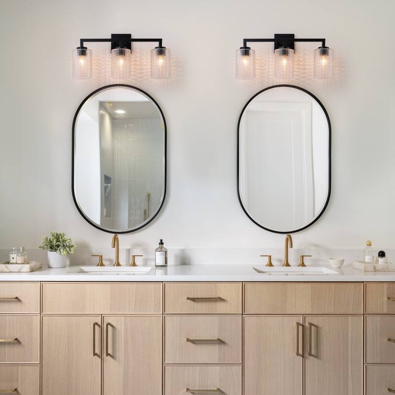 3/4-Light Modern Black Wall Sconce Bathroom Vanity Light with Grid Glass Shades