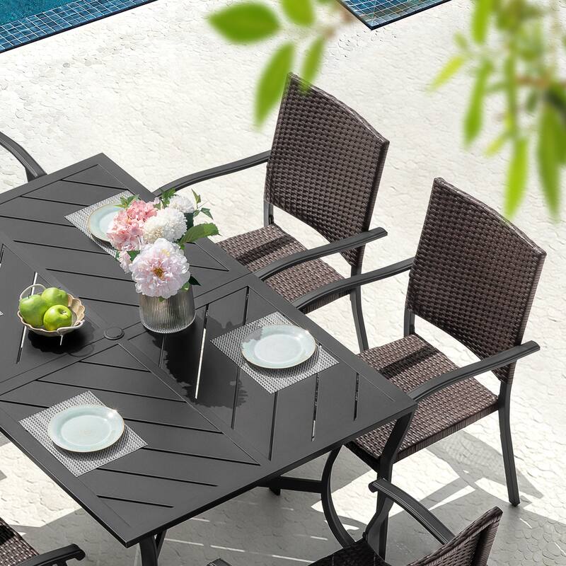 Outdoor 7-Piece Metal Wicker Dining Set with 1.77'' Umbrella Hole, Black