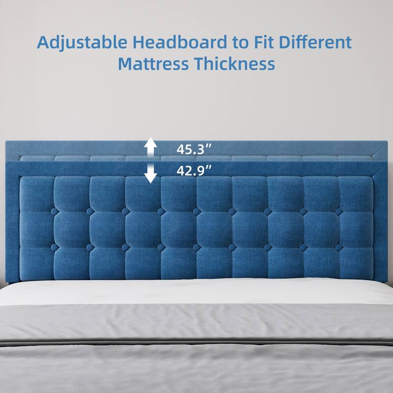 Upholstered Platform Bed Frame with Button Tufted Headboard and Wooden Slats
