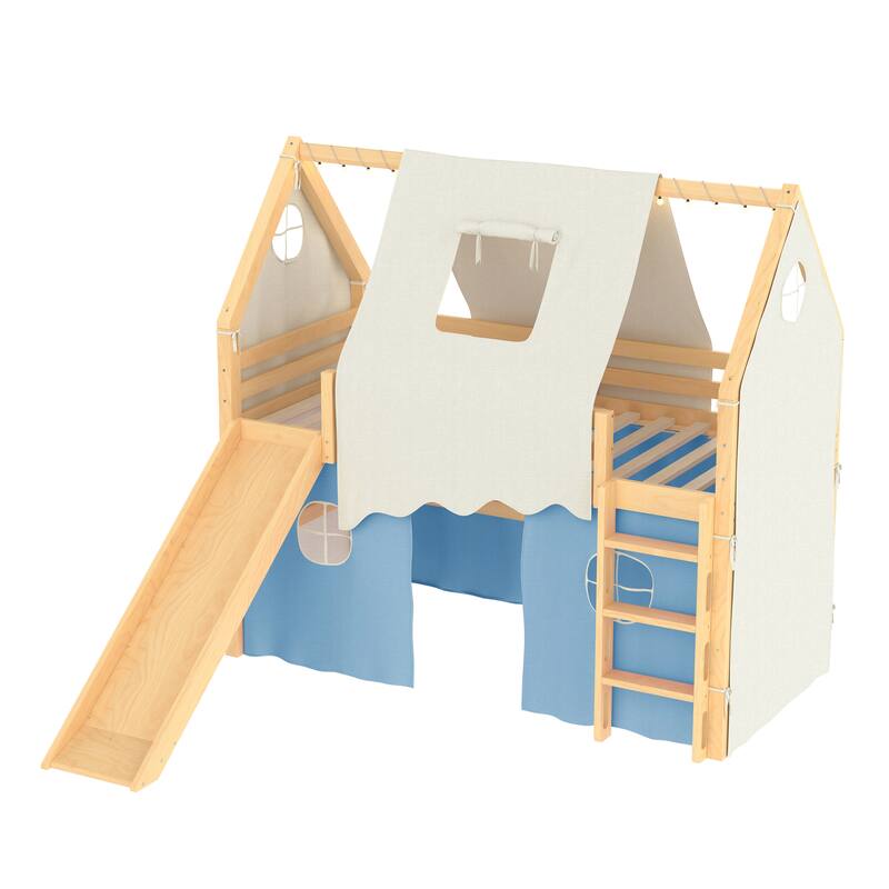 Fairytale Loft Bed Wooden House Bed with Tents, Light Strip and Slide