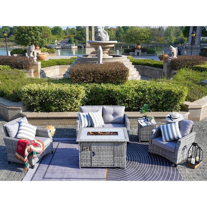 Braylee Loveseat Rattan Sofa Cushioned Set with Firepit Table