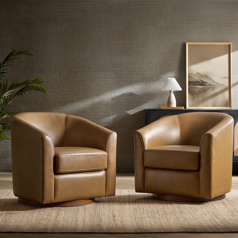 Althea Modern Genuine Leather Swivel Barrel Chair with Solid Wood Base Set of 2 By HULALA HOME