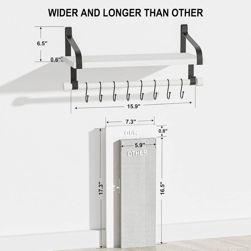 Floating Shelves for Coffee Bar,Bathroom Shelves with 8 Hooks - 7.3"D x 17.3"W x 8.27"H