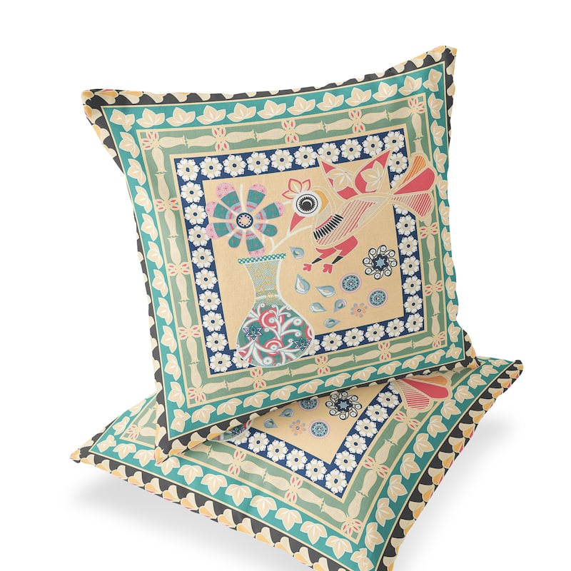 HomeRoots Set of Two 16" X 16" Green and Pink Peacock Blown Seam Floral Indoor Outdoor Throw Pillow - 16.00' X '16.00' X '5.00