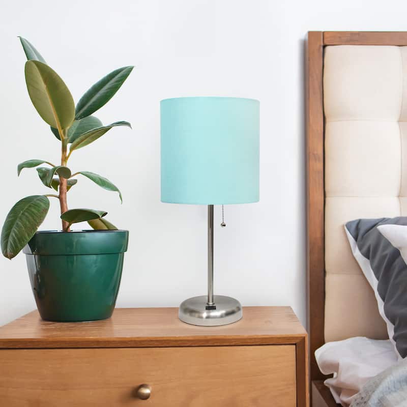19.5" USB Port Feature Metal Lamp in Steel w Aqua Shade