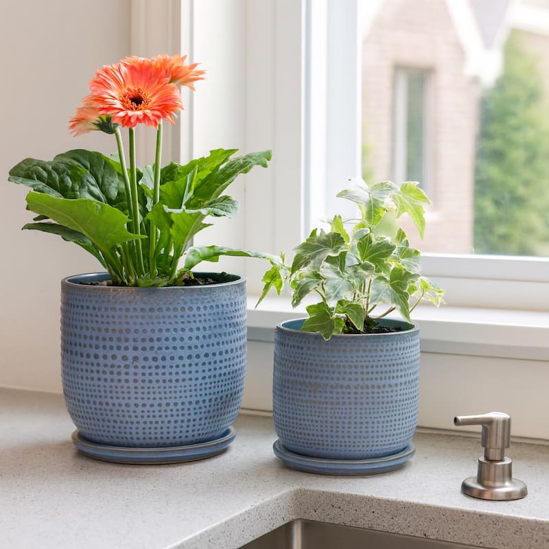 Decorative Round Ceramic Planter with Saucer - Set of 2