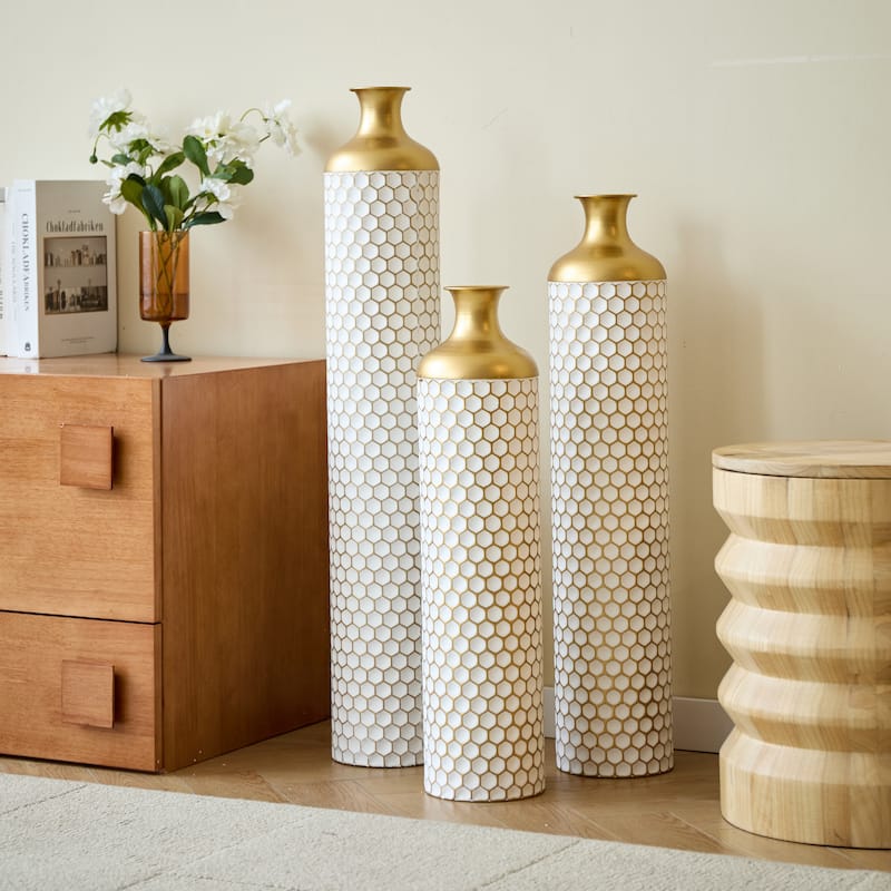 Floor metal vase modern style decoration home droplet shaped white metal vase 3-piece set gorgeous large glazed metal vase
