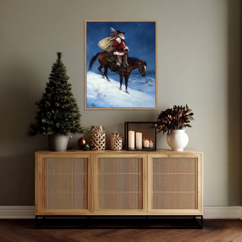 A Cowboy Christmas by Jack Sorenson (23 x 28 in.), Framed Canvas Wall Art Print - Sylvie Beaded Rustic Natural