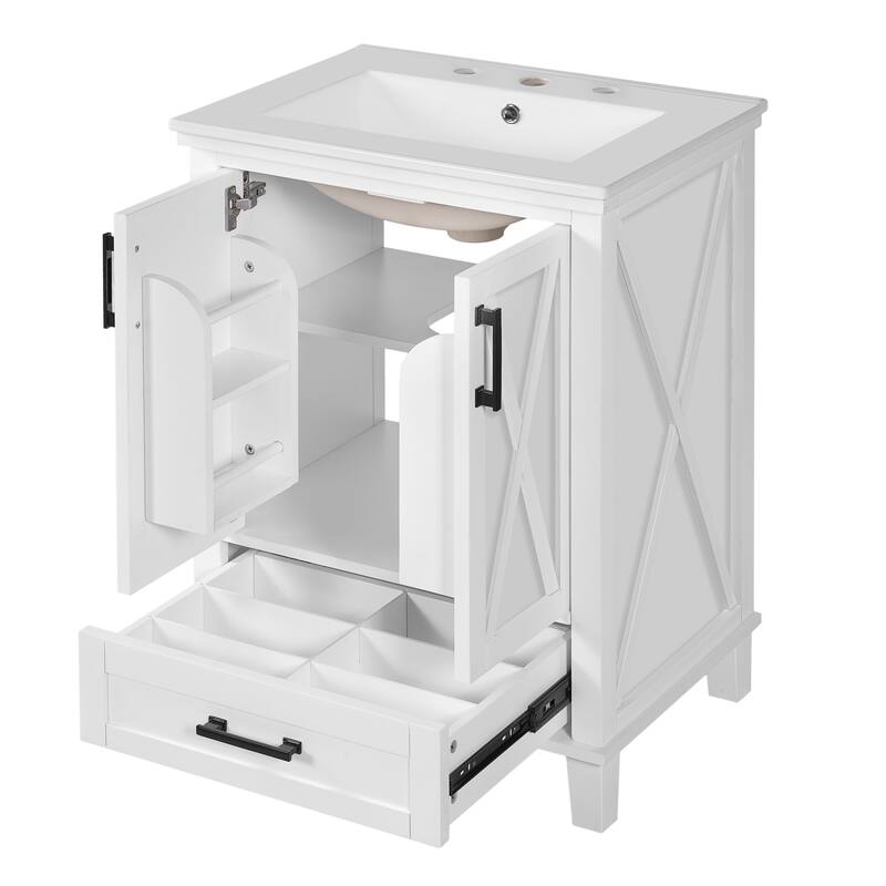 24" Bathroom Vanity with Ceramic Sink Bathroom Storage Cabinet with Divided Drawer and Storage Shelves