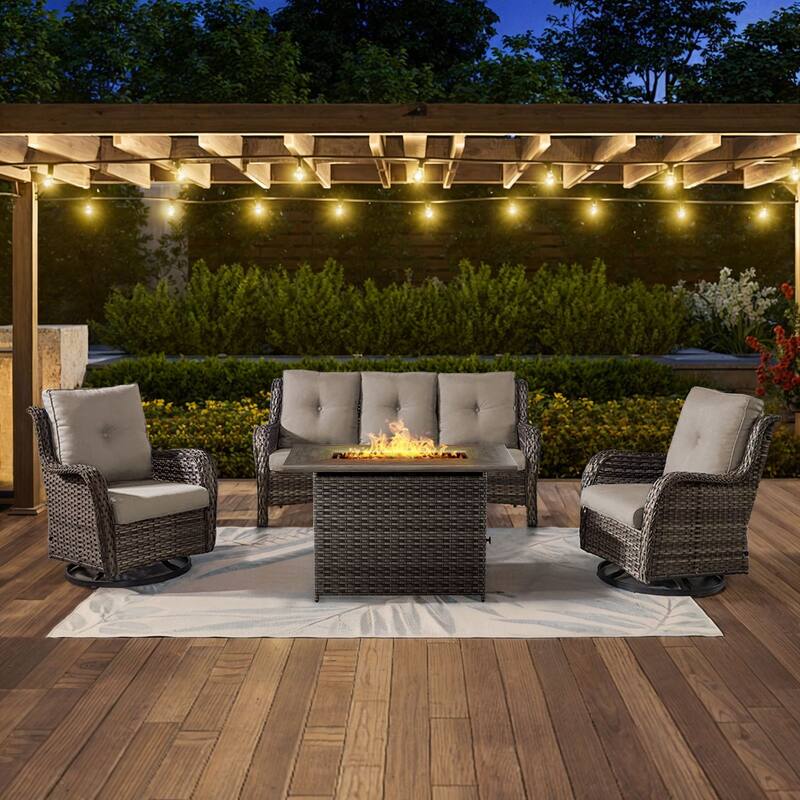 Gymojoy 4-Piece Outdoor Wicker Patio Furniture with Fire Pit Table, Rattan Coversation Set with Water Resistant Thick Cushions