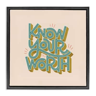 Stupell Know Your Worth Green on Beige Framed Floater Canvas Wall Art Design By Sarah Hickman